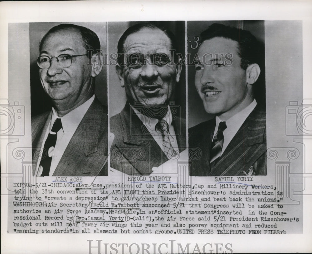 1953 Press Photo Alex Rose, Harold E. Talbott, Samuel Yorty - nef25721