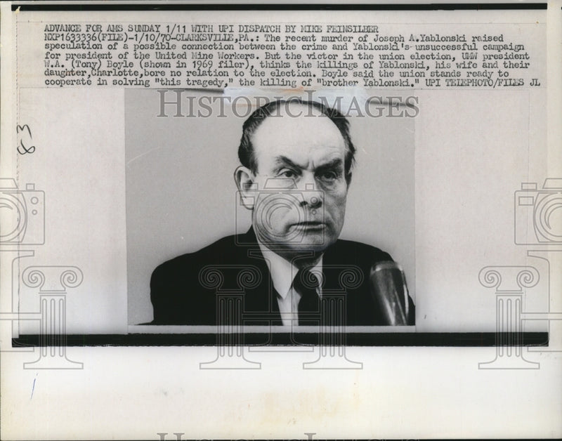 Load image into Gallery viewer, 1970 Press Photo UMW President Boyle believes the killings unrelated to election
