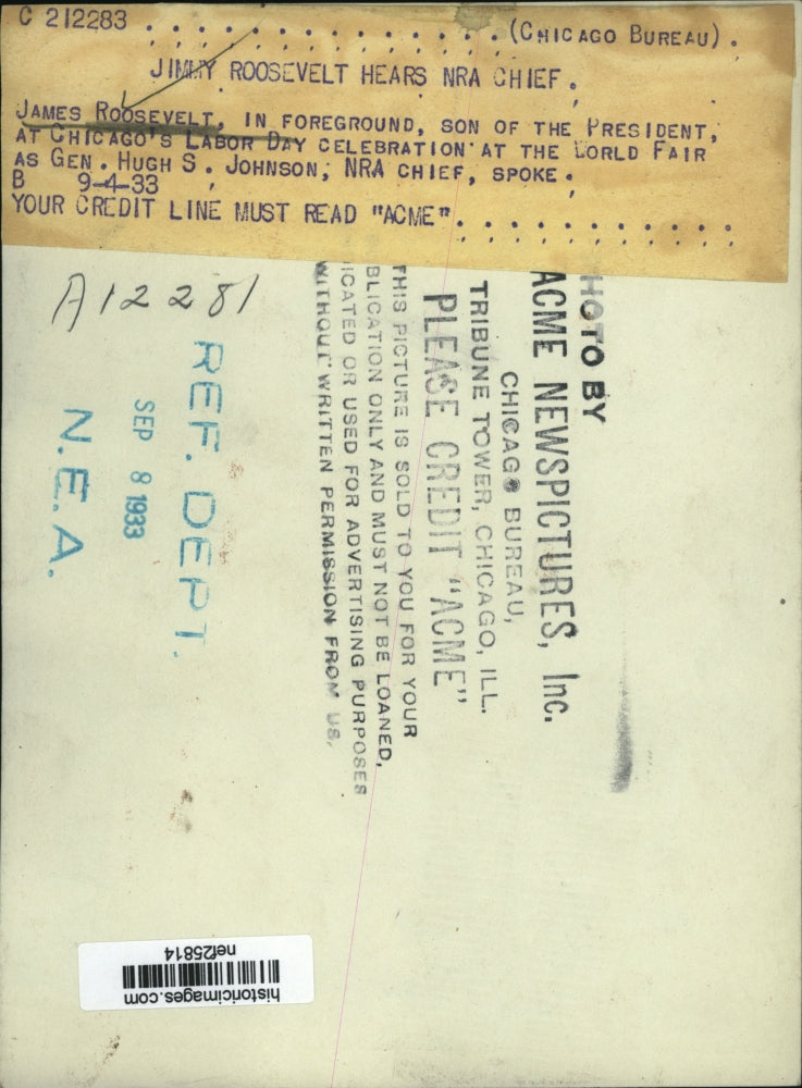 1933 Press Photo James Roosevelt at the Labor Day Celebration of the World Fair