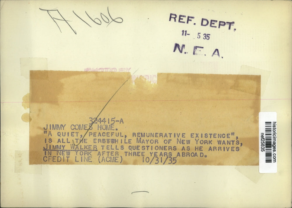 1935 Press Photo Jimmy Walker Arrived in New York after three year abroad