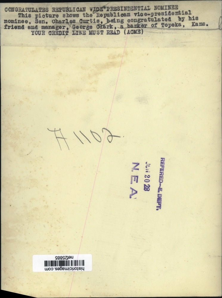 1928 Press Sen Charles Curtis Being Congratulated by His Friend George Clark