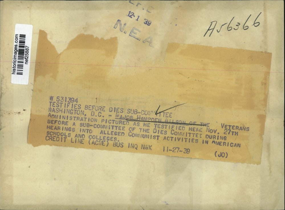 1939 Press Hampden Wilson as He Testified Before Subcommittee of the Dies Comm