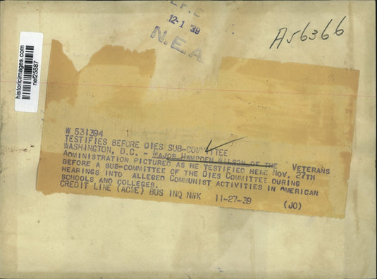 1939 Press Hampden Wilson as He Testified Before Subcommittee of the Dies Comm
