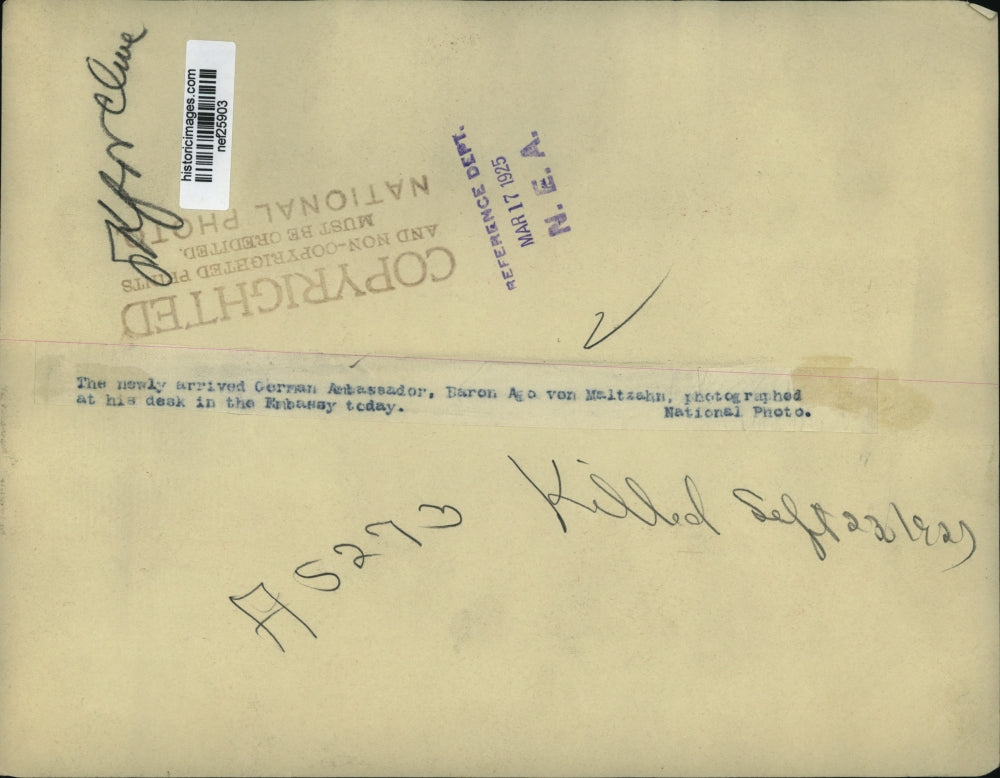 1925 Press Photo Baron Ago Von Maltzahn Newly Arrived German Ambassador