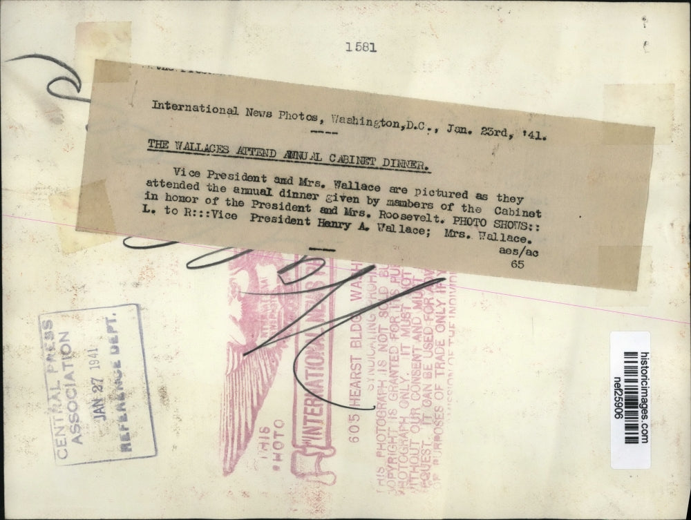 1941 Press Photo Vice-Pres & Mrs Wallace as They Attend Annual Dinner