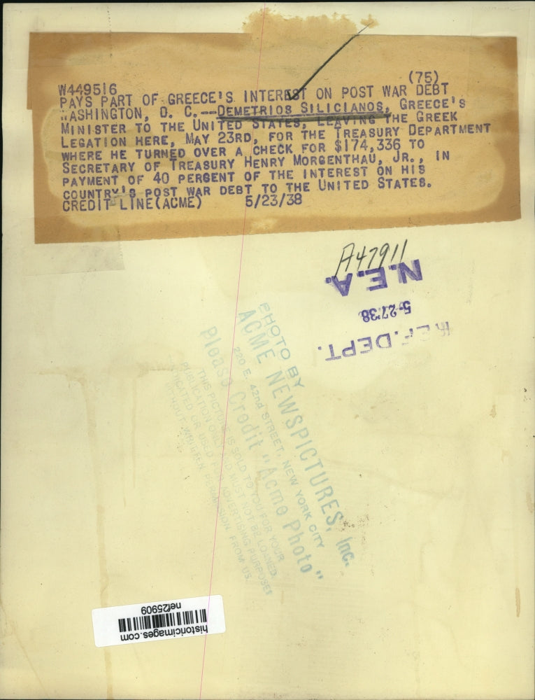 Load image into Gallery viewer, 1938 Press Photo Demetrios Silicianos Leaving the Greek Legation Here May 23rd
