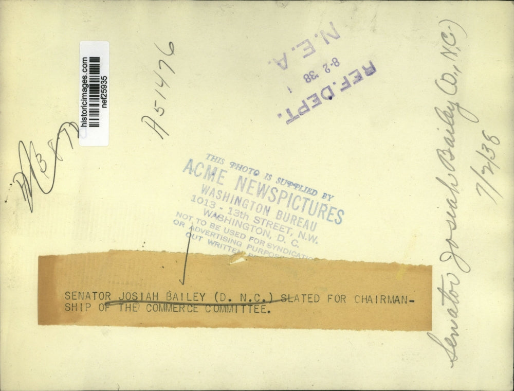 1938 Press Photo Senator Josiah Bailey Lighting Cigarette - nef25935