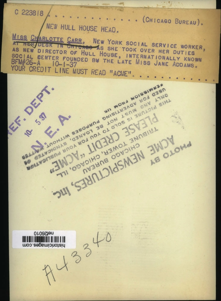 1937 Press Photo Charlotte Carr at Her Desk, Chicago - nef26010