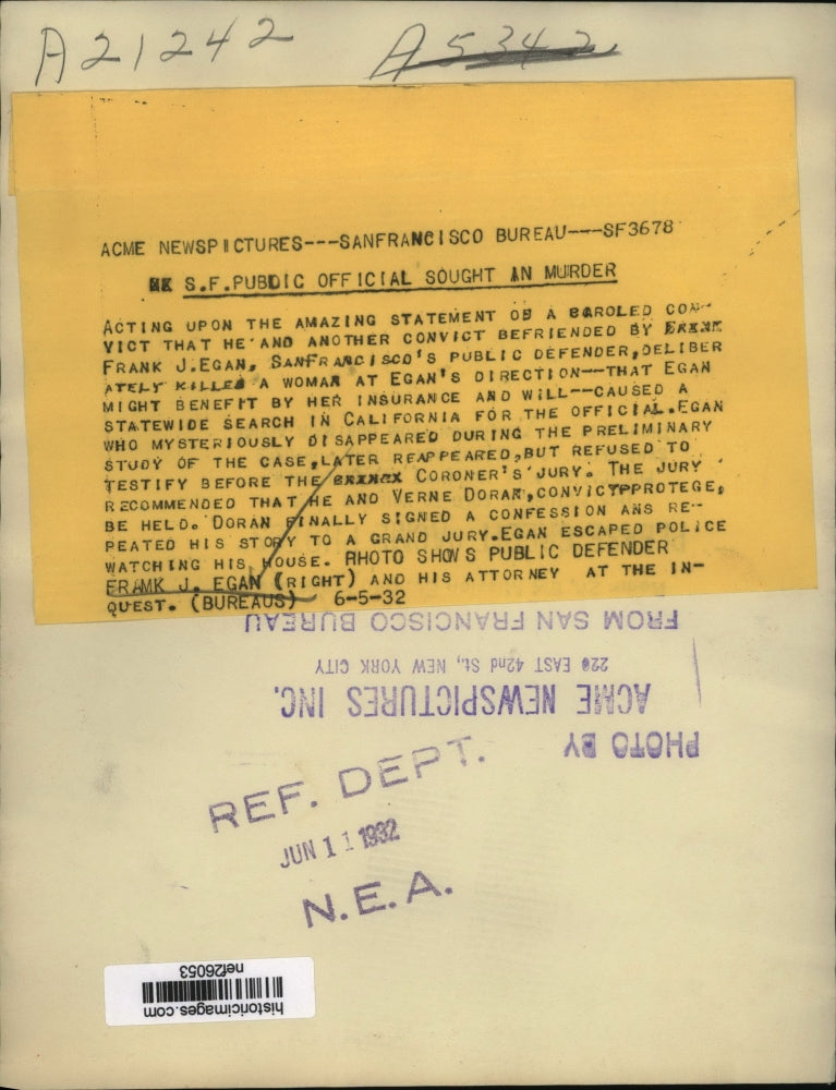 1932 Press Photo Frank J. Egan & Attorney at San Francisco Inquest - nef26053