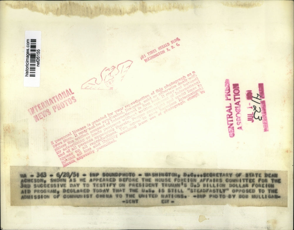 1951 Press Photo Dean Acheson at House Foreign Affairs Committee Meeting