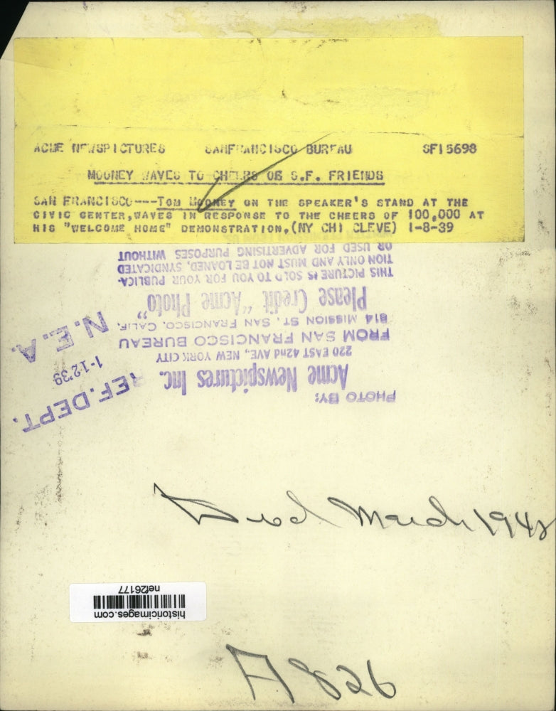 1939 Press Photo Tom Mooney at "Welcome Home" Demonstration, San Francisco