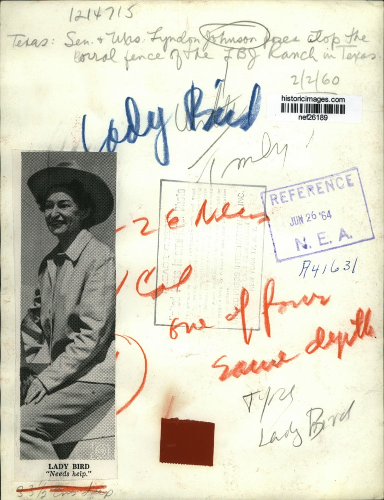 1960 Press Photo Senator and Mrs. Johnson pose atop the corral fence at ranch