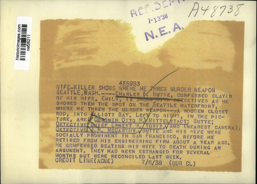 1938 Press Photo Charles F. Butte at Crime Scene in Seattle, Washington