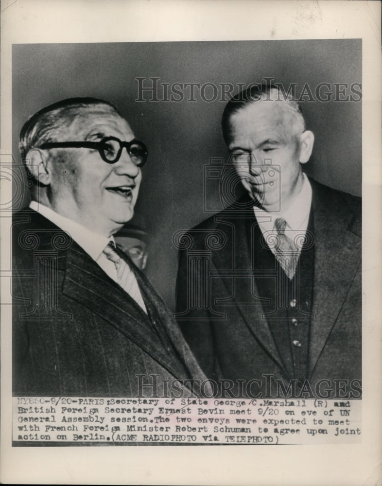 Load image into Gallery viewer, 1948 Press Photo George C. Marshall, Ernest Bevin Meeting in Paris, France
