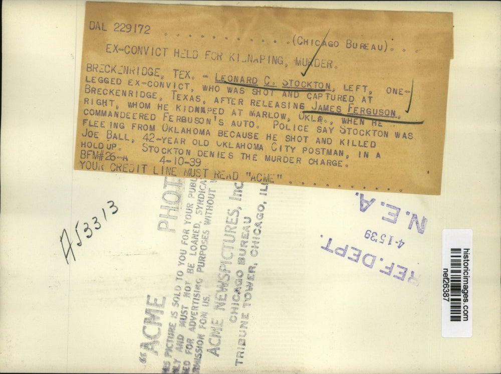 1939 Press Photo Leonard Stockton Charged with Kidnapping and Murder, Texas