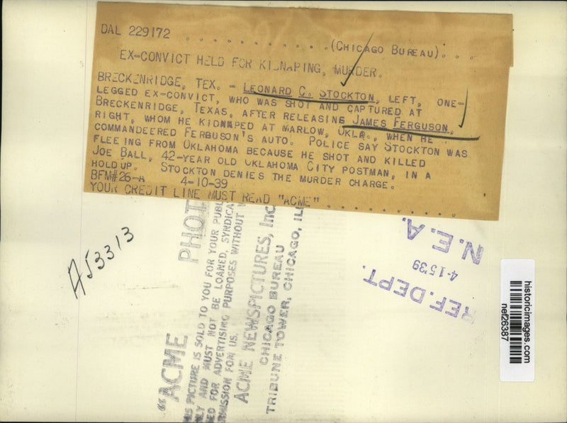 Load image into Gallery viewer, 1939 Press Photo Leonard Stockton Charged with Kidnapping and Murder, Texas
