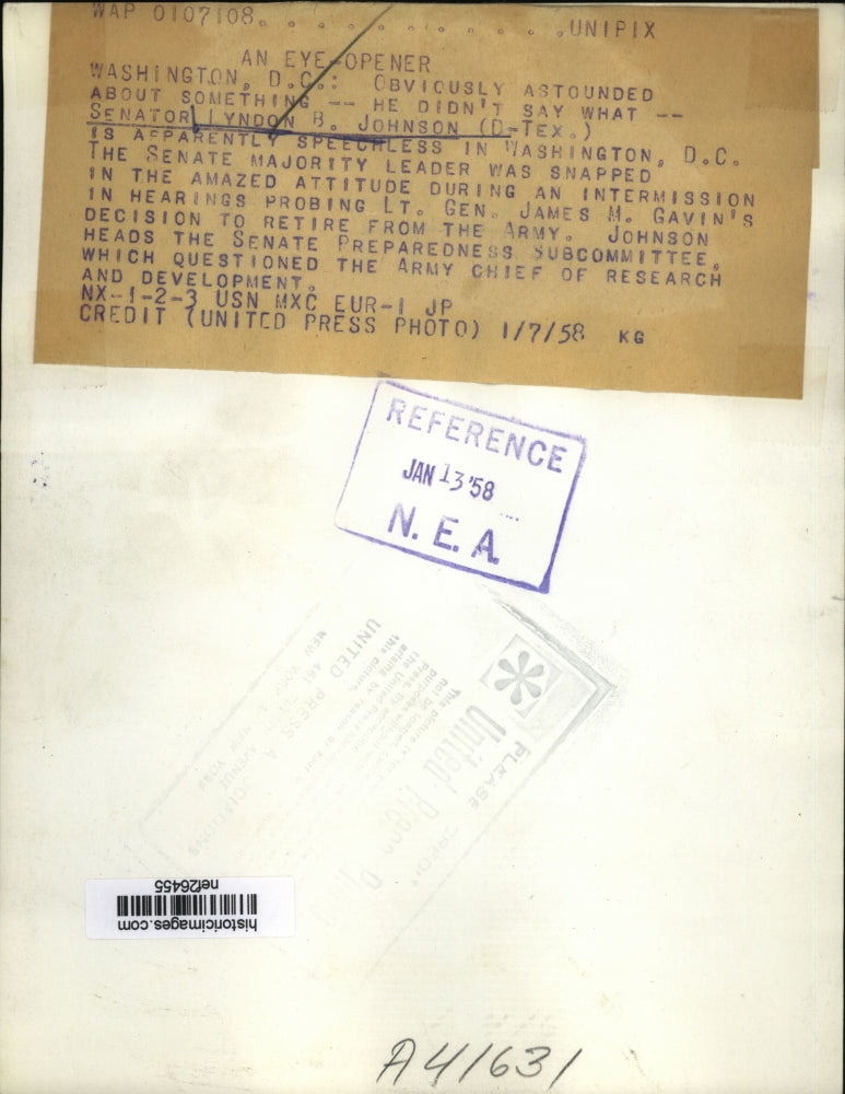 1958 Press Photo Obviously Astounded About Something Sen Johnson is Speechless