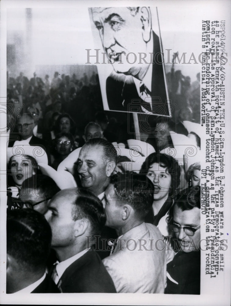 1960 Press Photo Sen Johnson Smiles as he Stands Beneath a Portrait of Himself