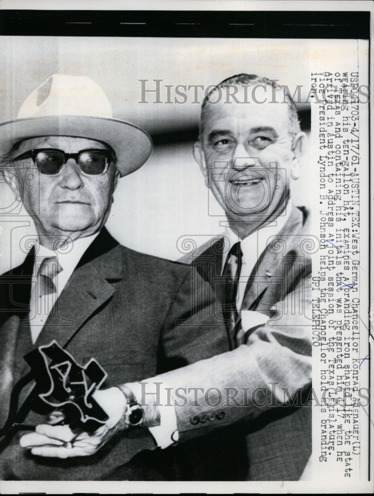 Load image into Gallery viewer, 1961 Press Vice-Pres Johnson Helps German Konrad Adenauer Hold His Branding Iron
