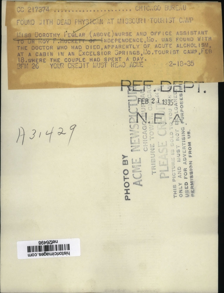 Load image into Gallery viewer, 1935 Press Photo Ms Dorothy Peglar Found With Doctor Who Had Died - nef26498
