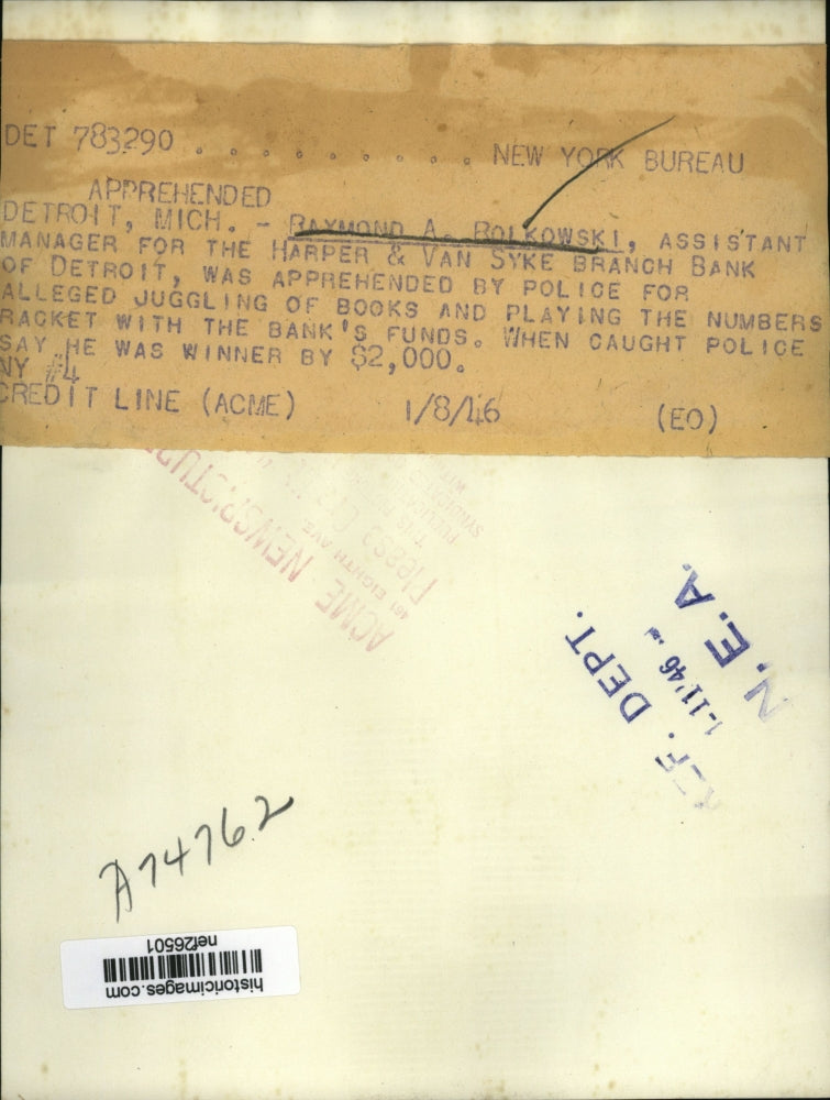 Load image into Gallery viewer, 1946 Press Raymond A Rolkowski Arrested For Juggling Bank Books - nef26501
