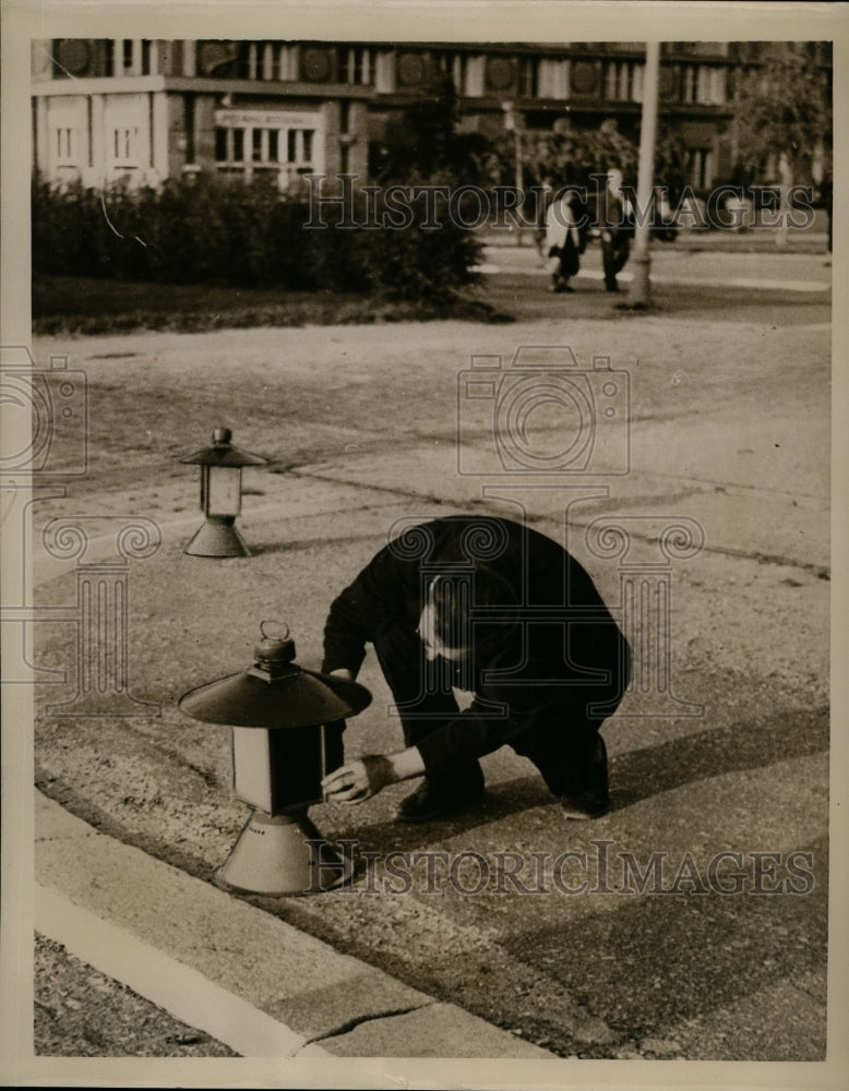 1938 Press Special Street Light is Fixed For Use in Case of Air Raid in Prague