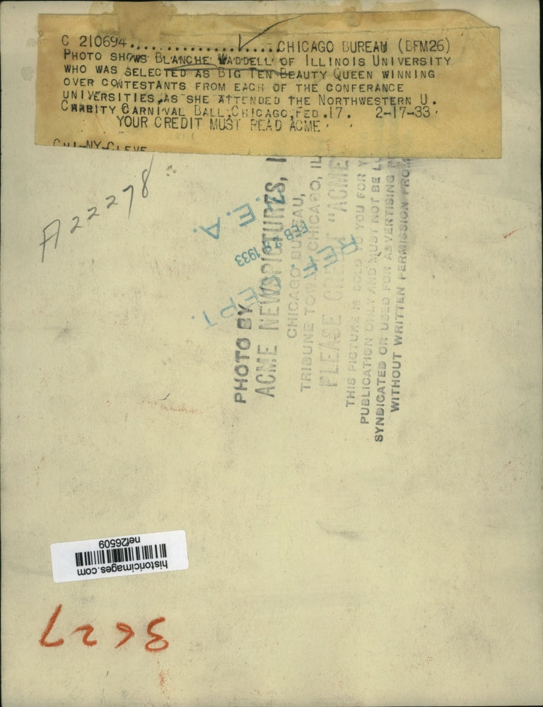 1933 Press Photo Blanche Waddell at Northwestern University Charity Ball