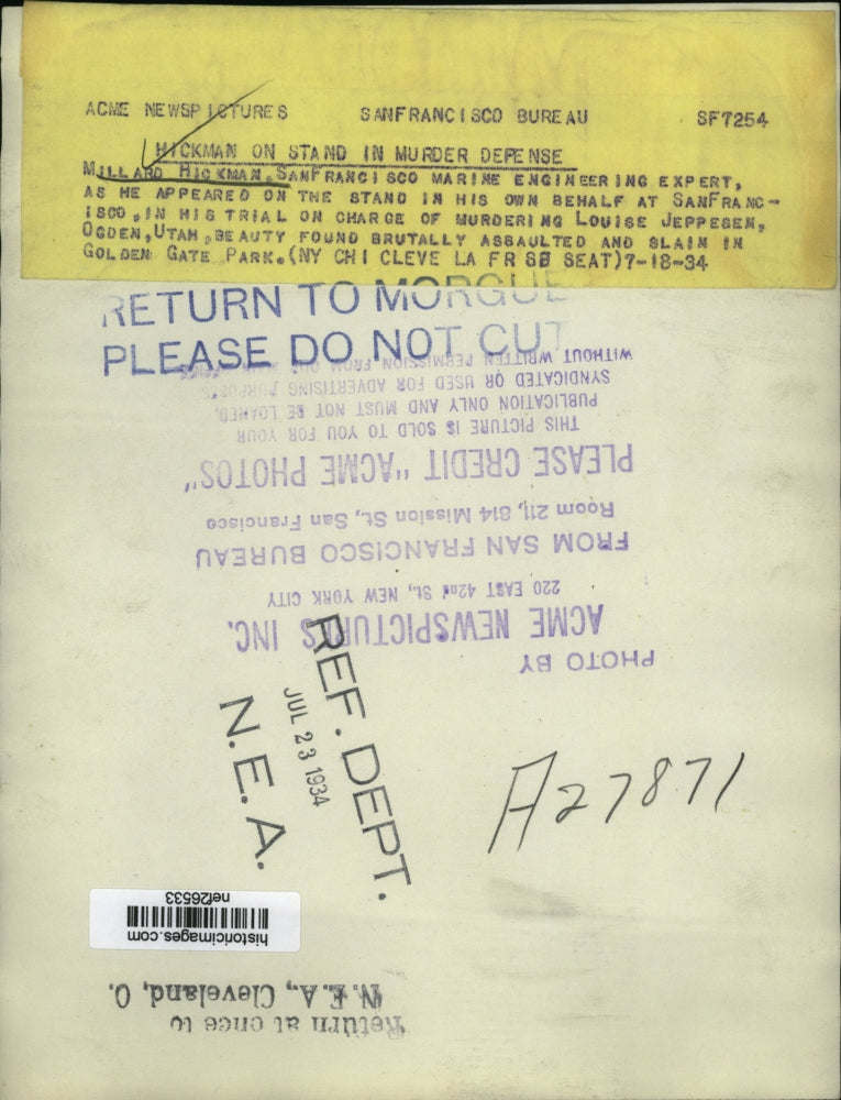 1934 Press Photo Millard Hickman Appears on The Stand In His Own Behalf