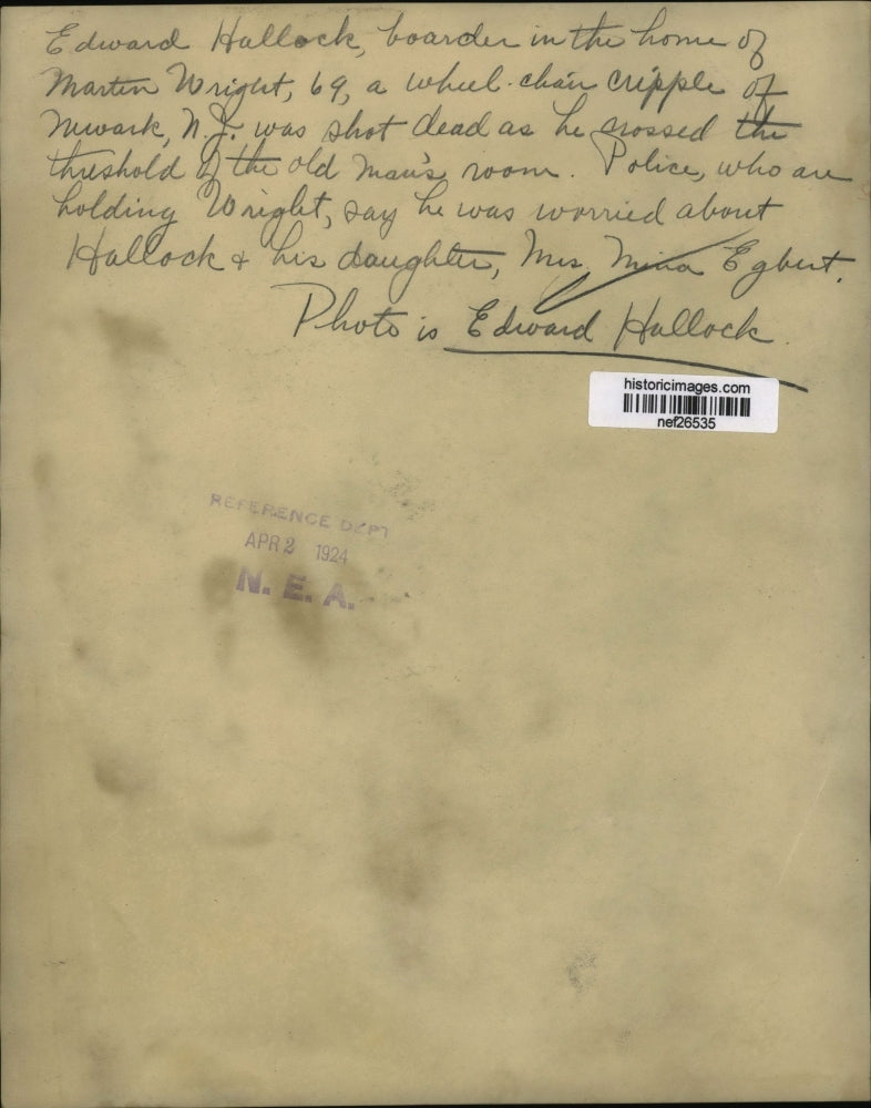 1924 Press Photo Edward Hallock Boarder in The Home of Martin Wright Shot Dead