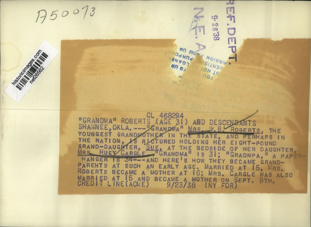 1938 Press Photo "Grandma" Mrs W.B. Roberts Youngest Grandmother in the State