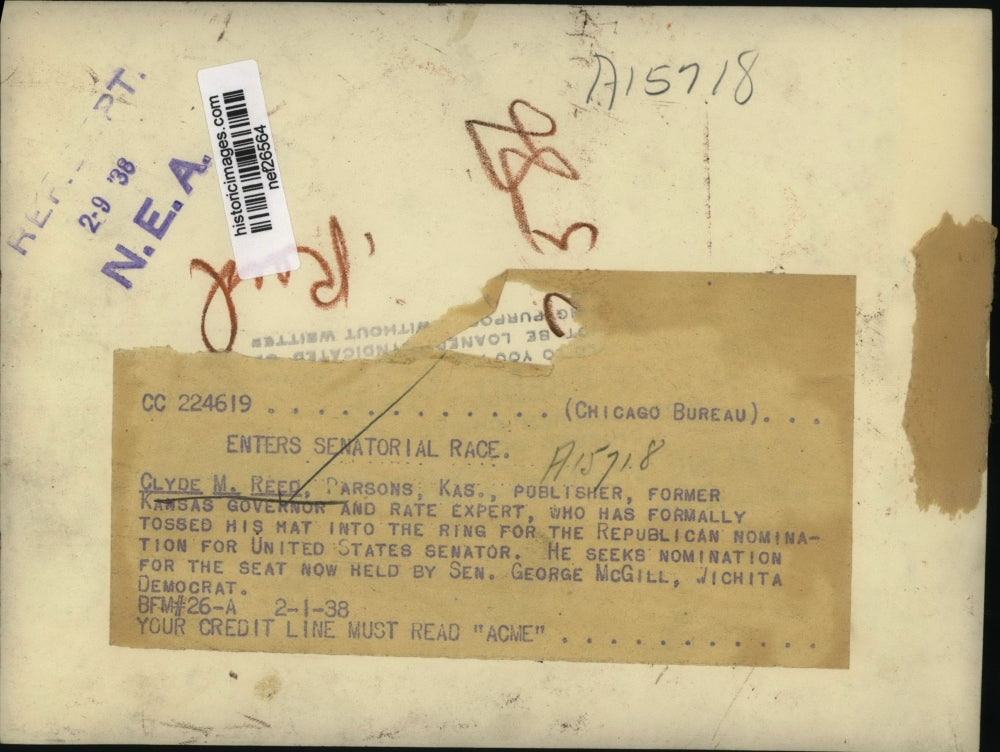 1938 Press Photo Clyde M Reed Formally Tosses Hat Into The Ring - nef26564