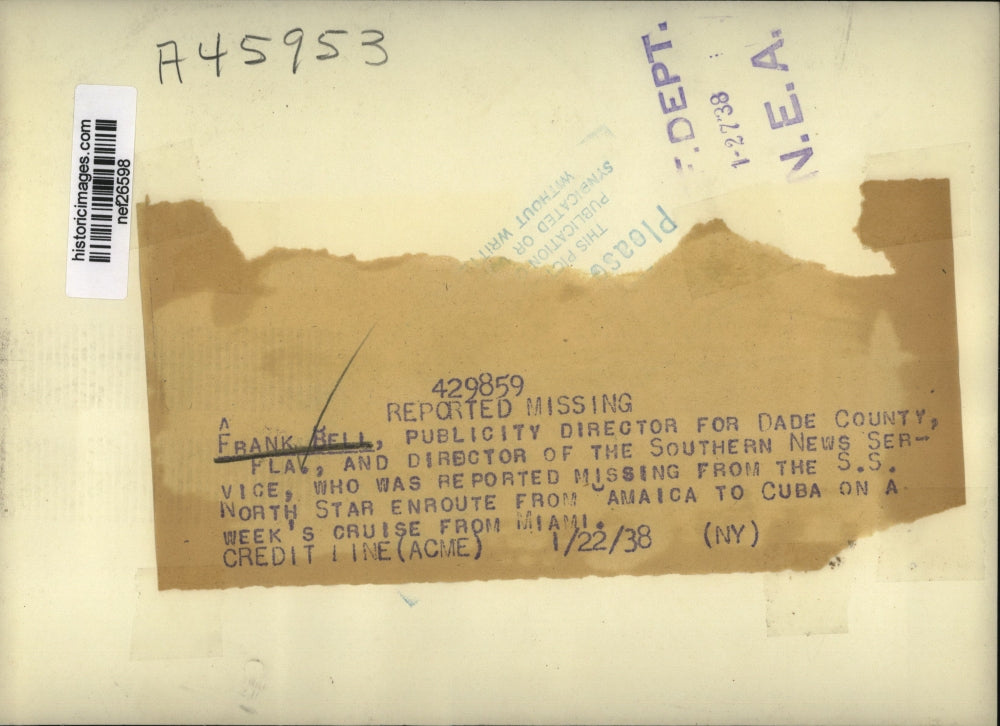 1938 Press Photo Frank Bell, Missing from SS North Star - nef26598