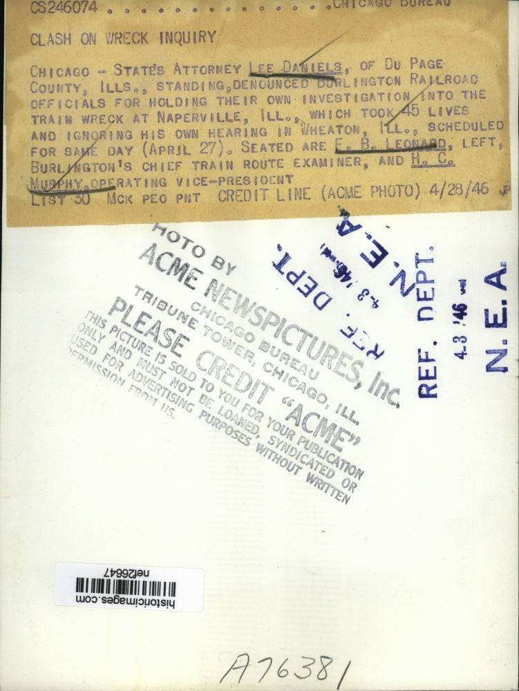 1946 Press Photo Lee Daniels, F.B. Leonard, H.C. Murphy at Chicago Inquiry