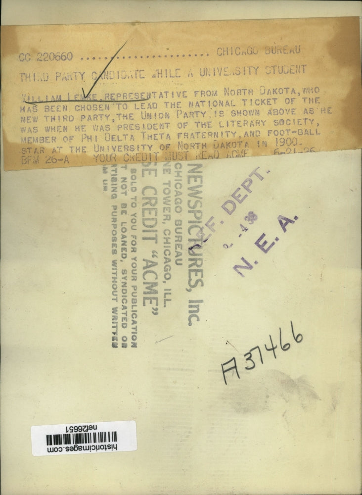 1936 Press Photo William Lemke, North Dakota - nef26651