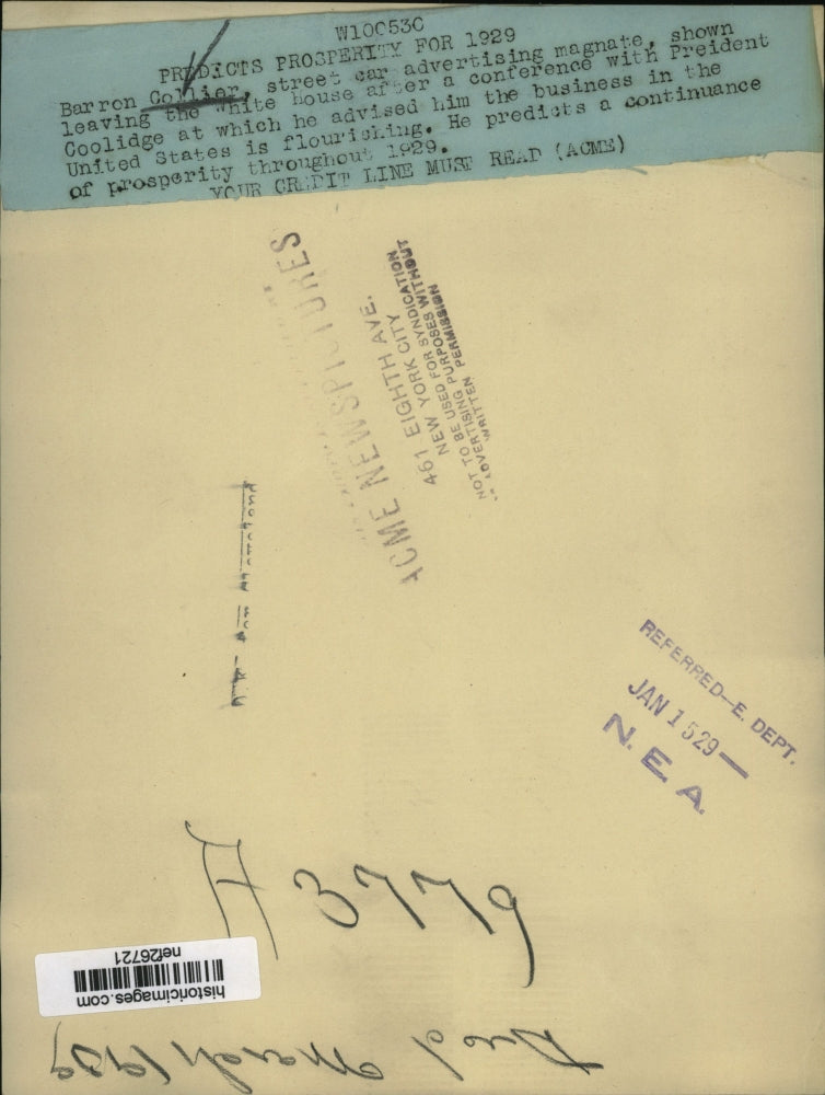 1929 Press Photo Barron Collier Leaving White House - nef26721