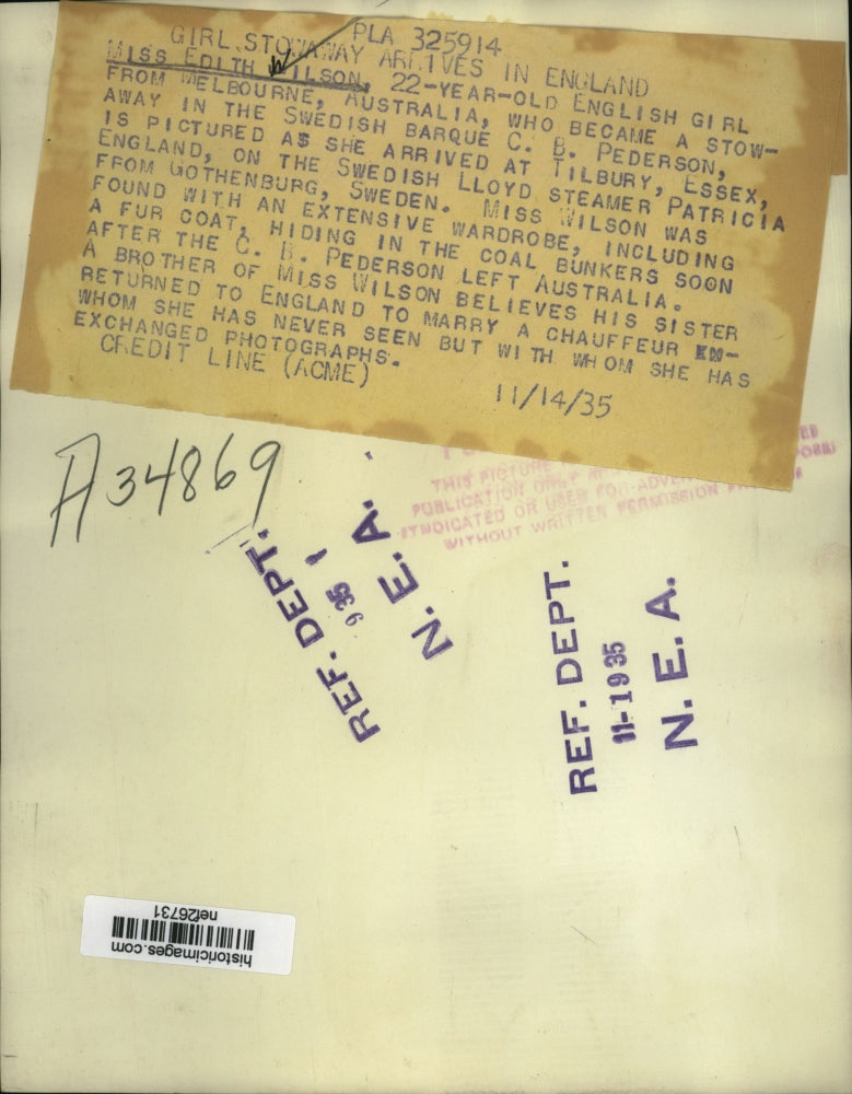 1935 Press Photo Stowaway Edith Wilson in Tilsbury, England Aboard "Patricia"