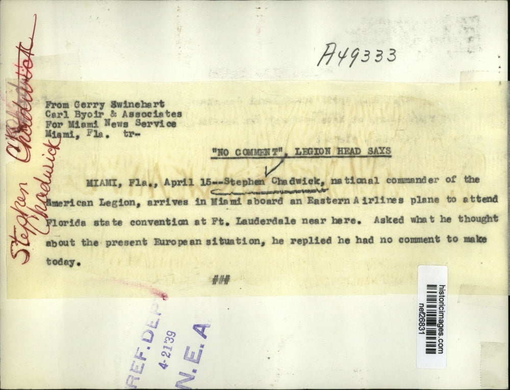 1939 Press Photo Stephen Chadwick at Miami Airport - nef26831