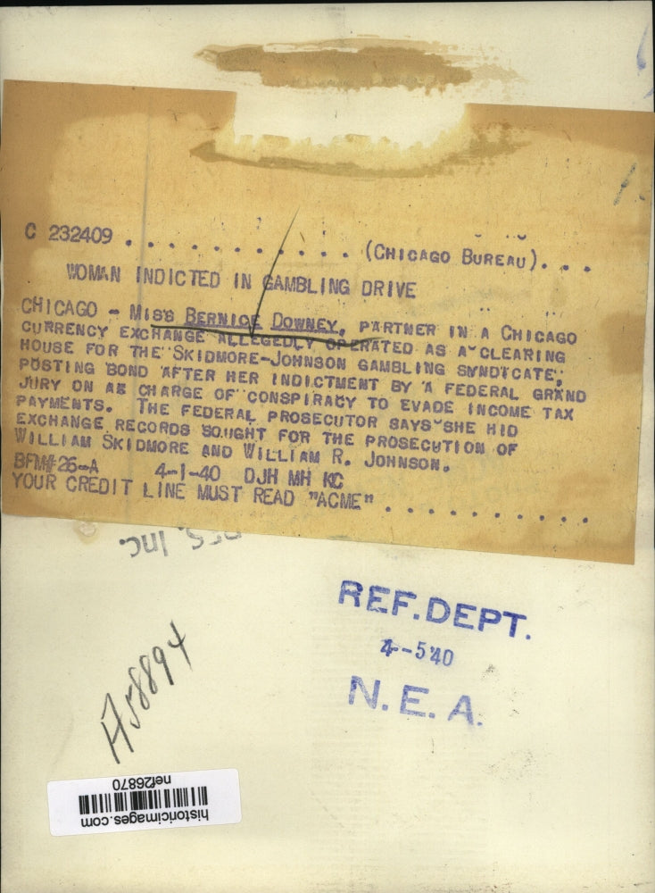 1940 Press Photo Bernice Downey of Skidmore-Johnson Gambling syndicate indicted