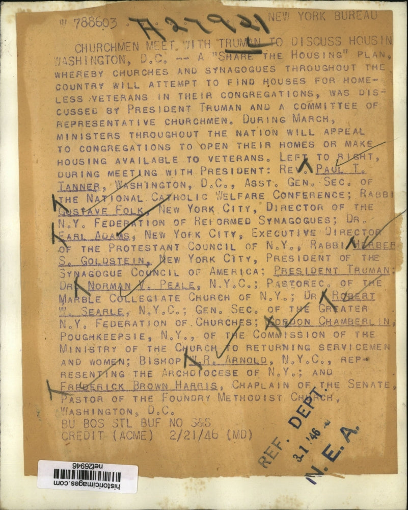 1946 Press Photo Churches Meet With Truman To Discuss Housing - nef26946