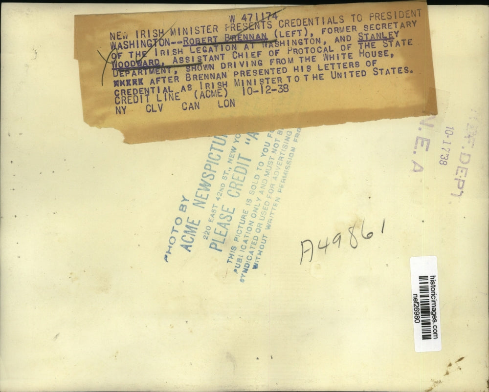 1938 Press Robert Brennan & Stanley Woodward Shown Driving From White House