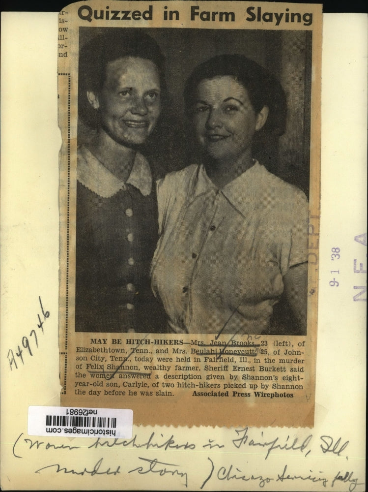 1938 Press Ms Jean Brooks & Ms Beulahi Honeycutt Held in Murder of Felix Shannon