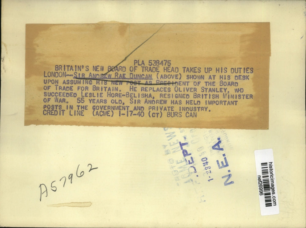 1940 Press Photo Sir Andrew Rae Duncan Appointed Board of Trade President