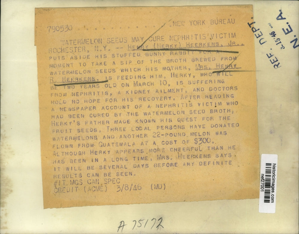 1946 Press Photo Henry Heerkens Jr Drinks Watermelon Broth for Nephritis