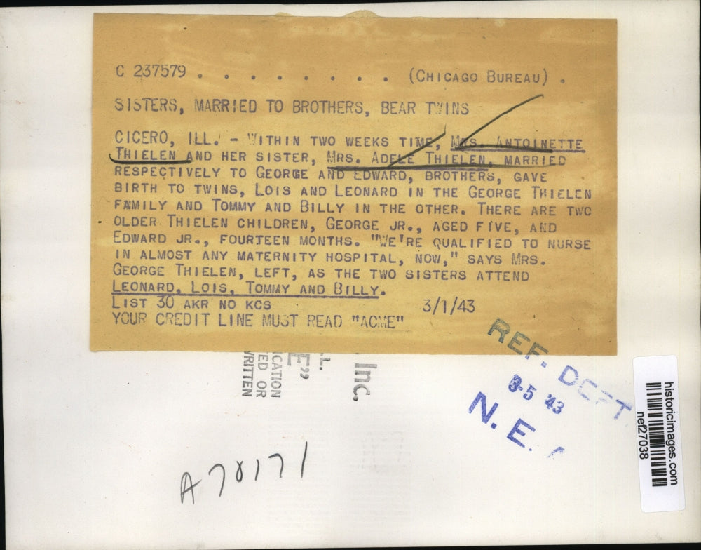 1943 Press Photo Sisters Married To Brothers Bear Twins - nef27038