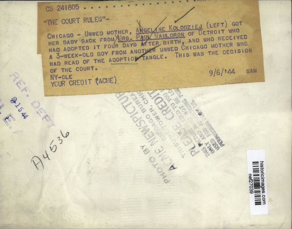 1944 Press Unwed Mother Angeline Kolodziej Get Baby Back From Mrs Paul Wauldron