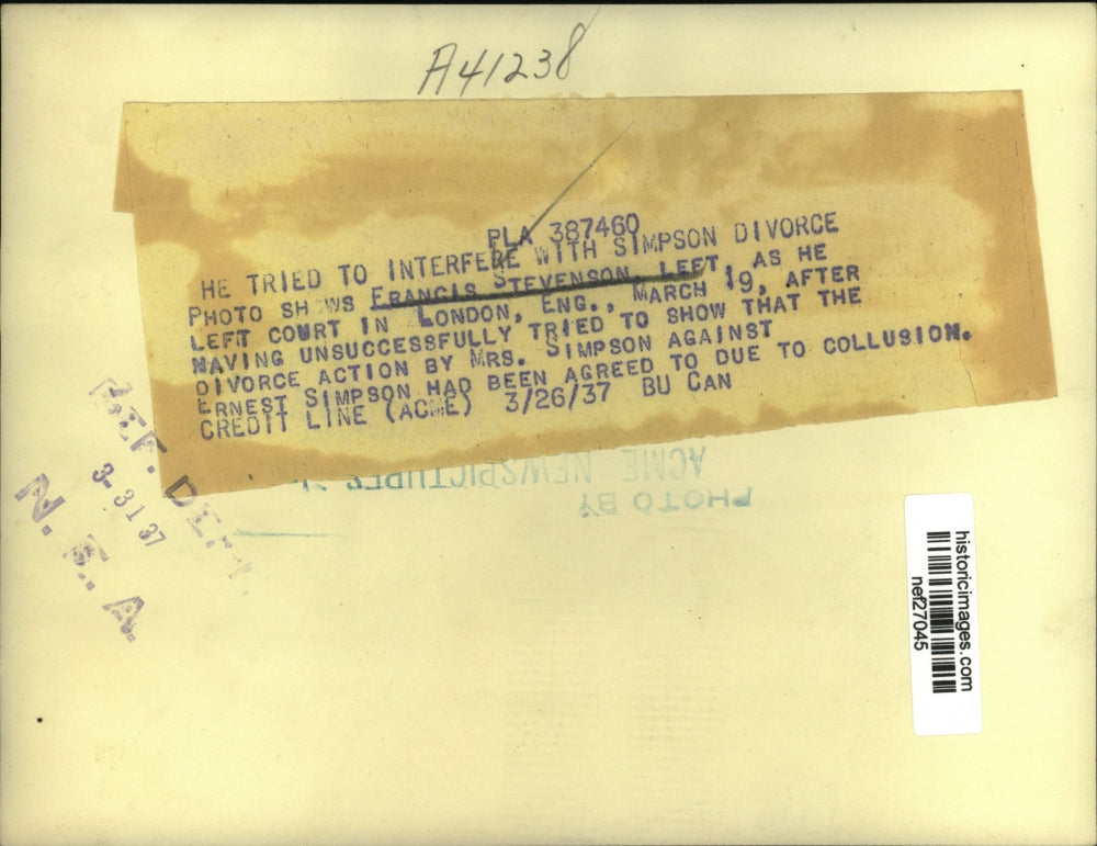 1937 Press Photo Francis Stevenson as He Left Court - nef27045