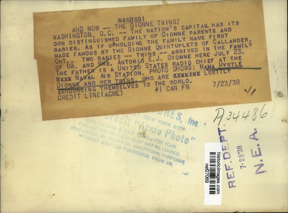 1938 Press Photo Myrtle Dionne of Washington, DC Gives Birth to Twins