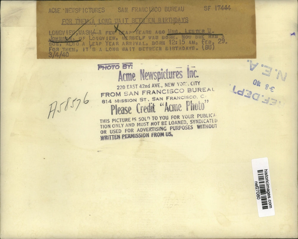 1940 Press Photo Leap Years Ago Mrs Lester W Johnson Gave Birth to Merself