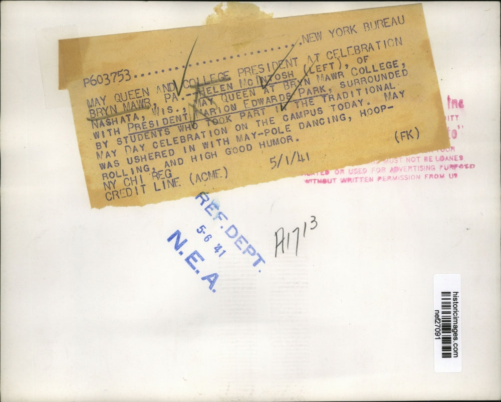 1941 Press Helen McIntosh May Queen at Bryn Mawr College with Pres Marion Parks