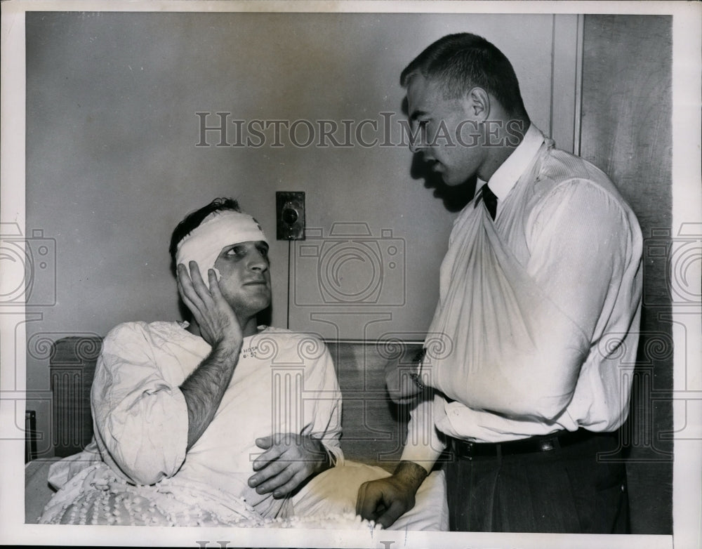 1957 Press Photo Boston Bruins Defenseman Injured in Black Hawks' Game- Historic Images